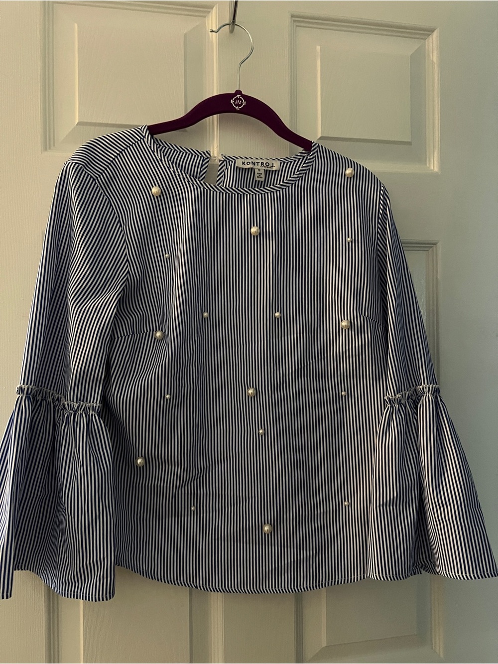Kontrol Navy & White Striped Pearl-Embellished Women's Top